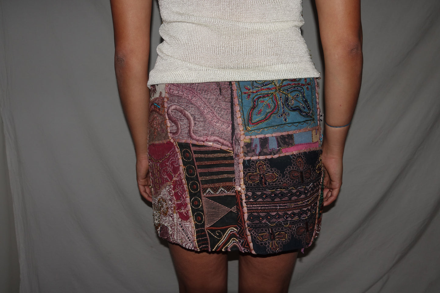 Vintage Sari Beaded Patchwork Bohemian Skirt - Rose (M-L)