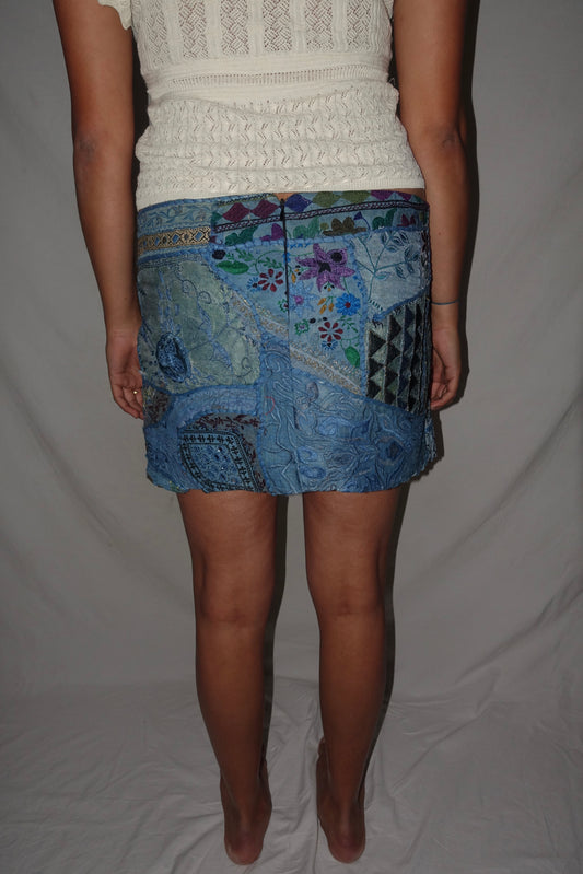 Vintage Sari Beaded Patchwork Bohemian Skirt - Light Blue (M-L)