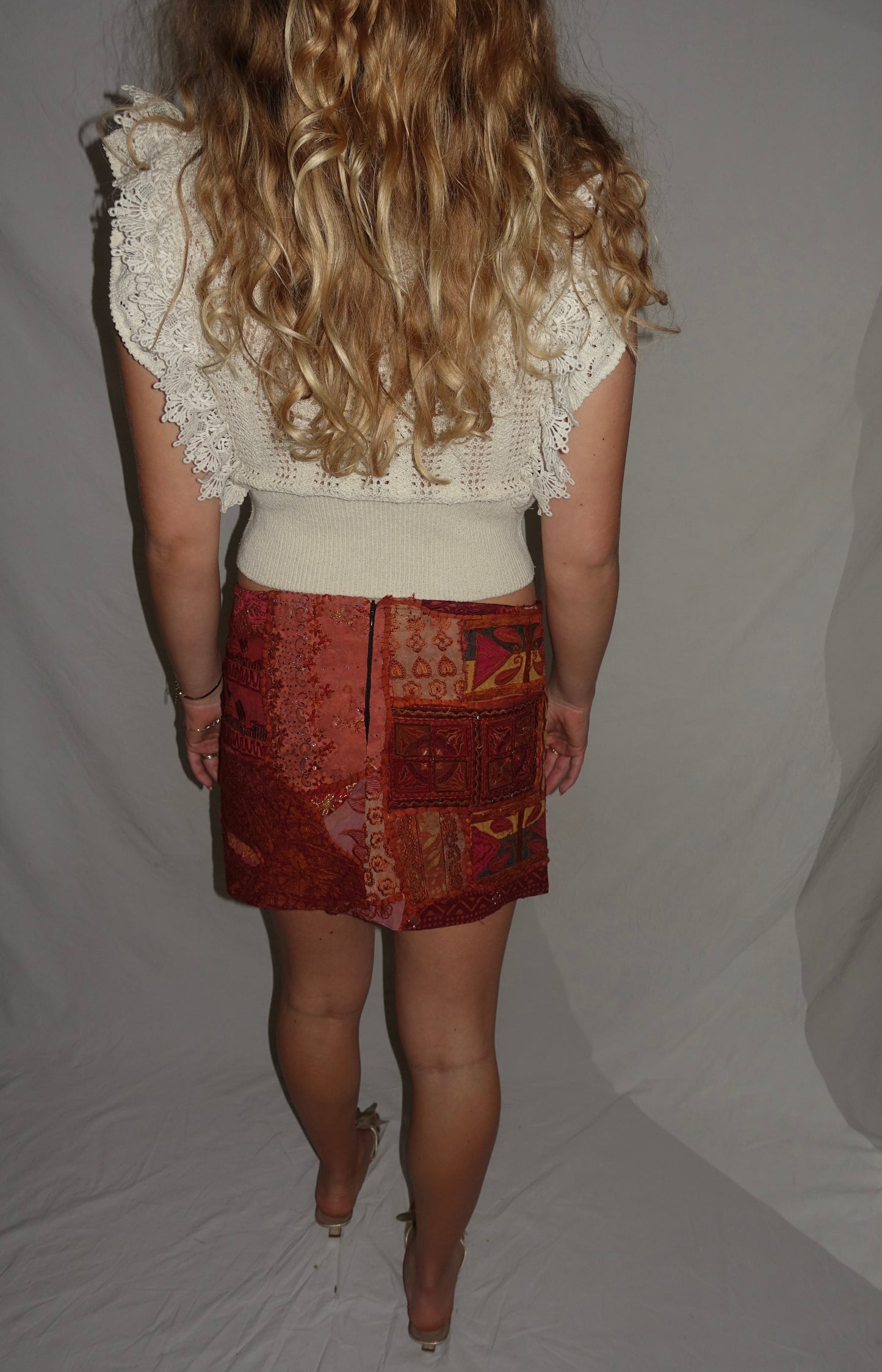 Vintage Sari Beaded Patchwork Bohemian Skirt - Reddish/Orange (XS-S)