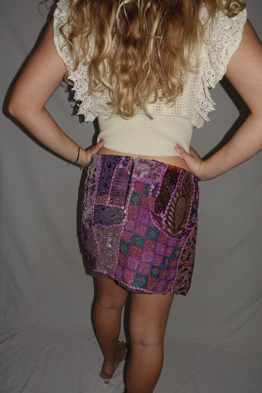 Vintage Sari Beaded Patchwork Bohemian Skirt - Dark Purple (XS-S)