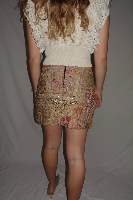 Vintage Sari Beaded Patchwork Bohemian Skirt - Creme Gold (XS-S)