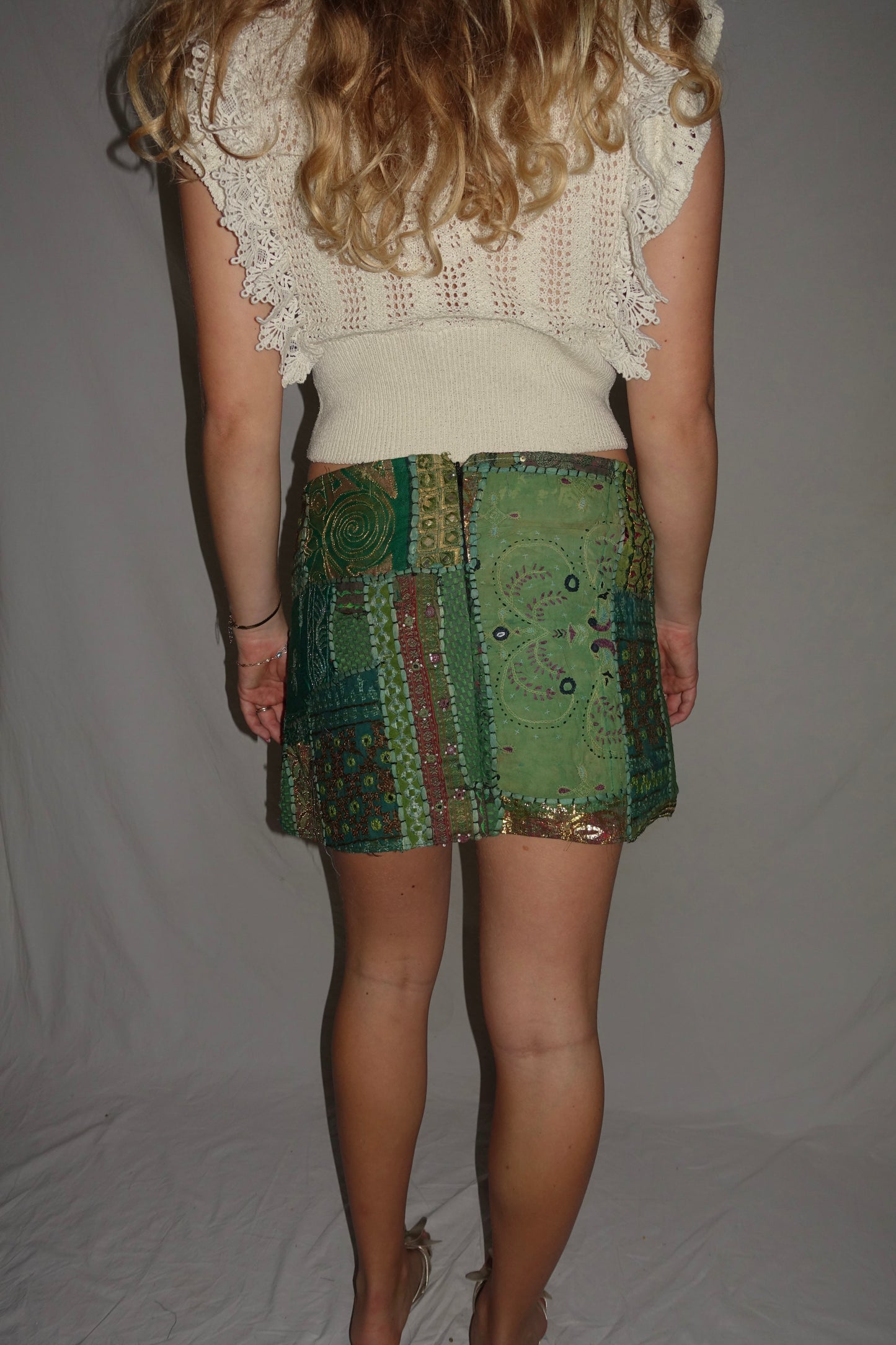 Vintage Sari Beaded Patchwork Bohemian Skirt - Green (XS-S)