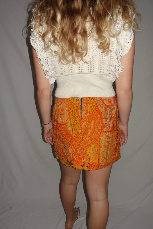 Vintage Sari Beaded Patchwork Bohemian Skirt - Orange (XS-S)