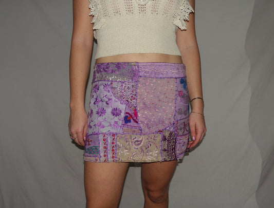 Vintage Sari Beaded Patchwork Bohemian Skirt - Light Purple (XS-S)