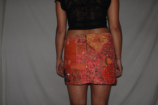 Vintage Sari Beaded Patchwork Bohemian Skirt - Orange (M-L)