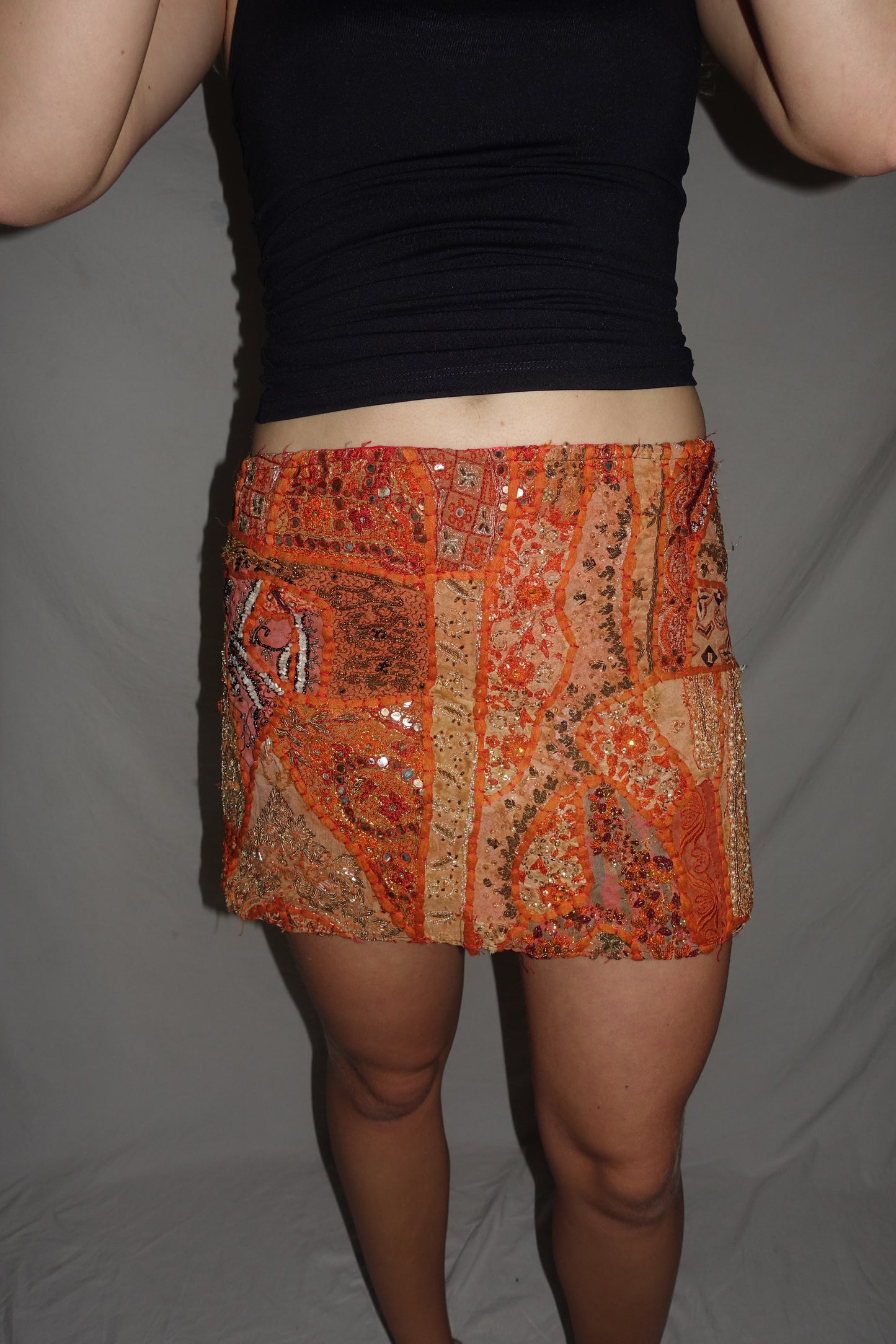 Vintage Sari Beaded Patchwork Bohemian Skirt - Orange (XS-S)