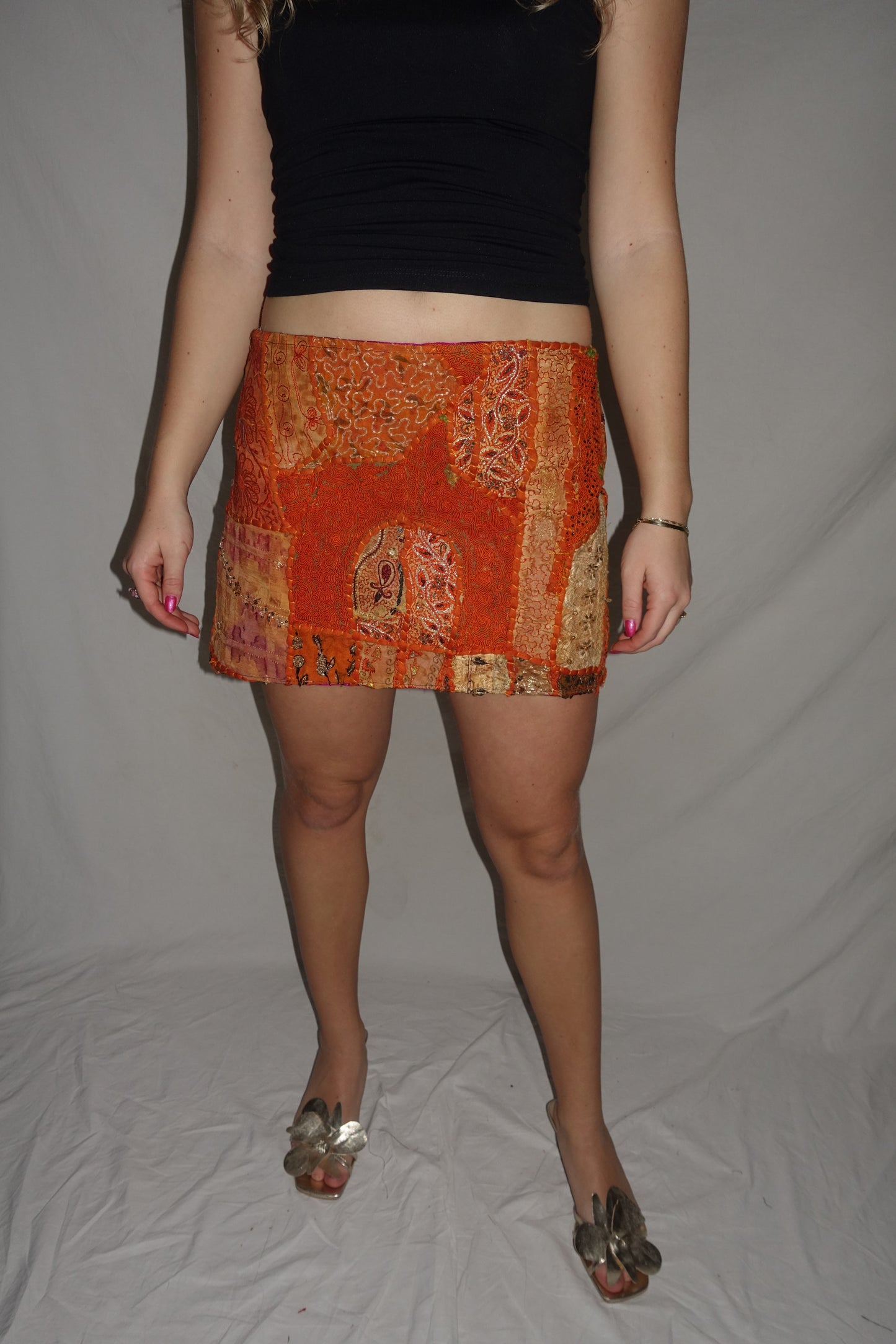 Vintage Sari Beaded Patchwork Bohemian Skirt - Orange (XS-S)