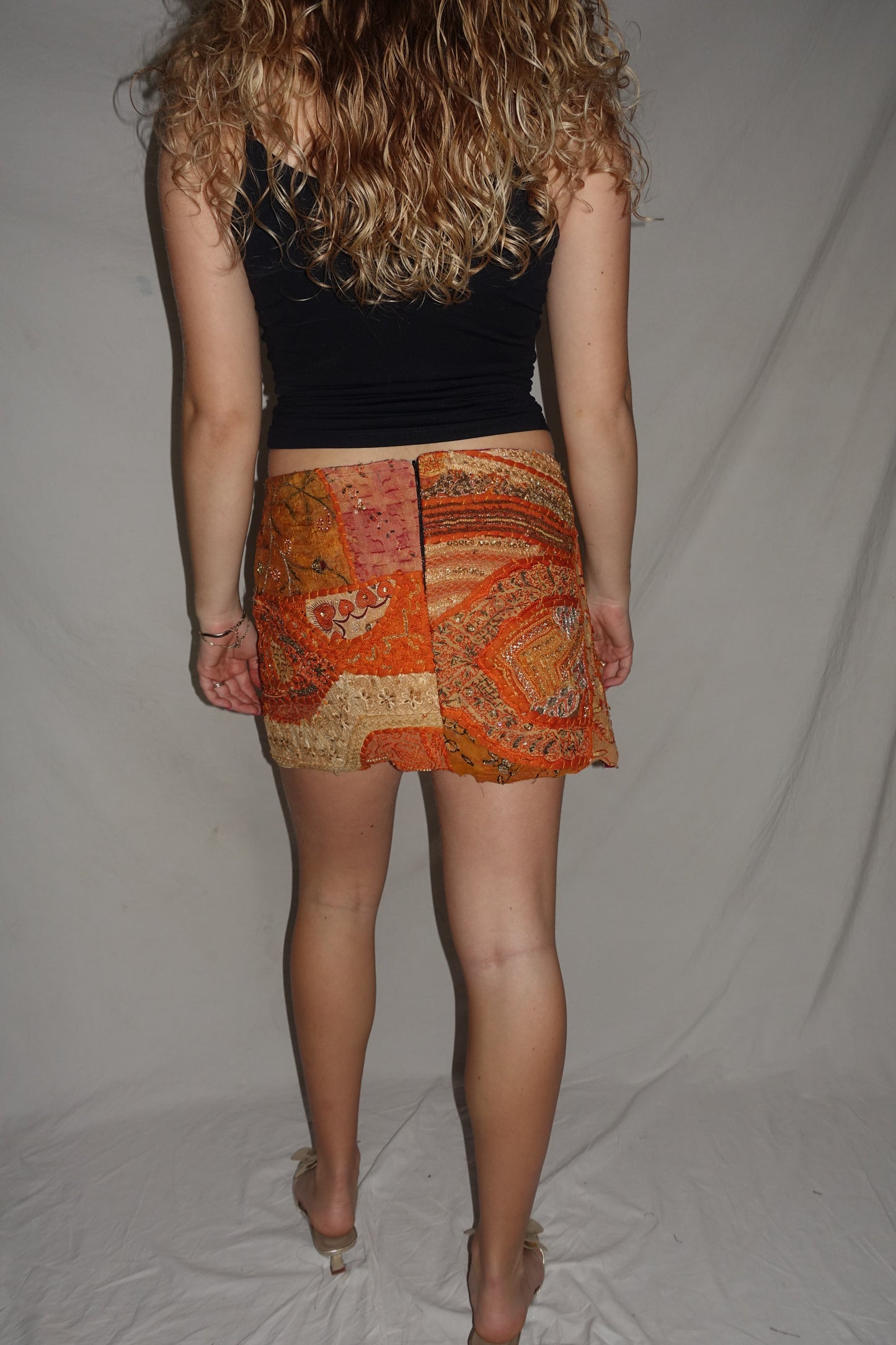 Vintage Sari Beaded Patchwork Bohemian Skirt - Orange (XS-S)